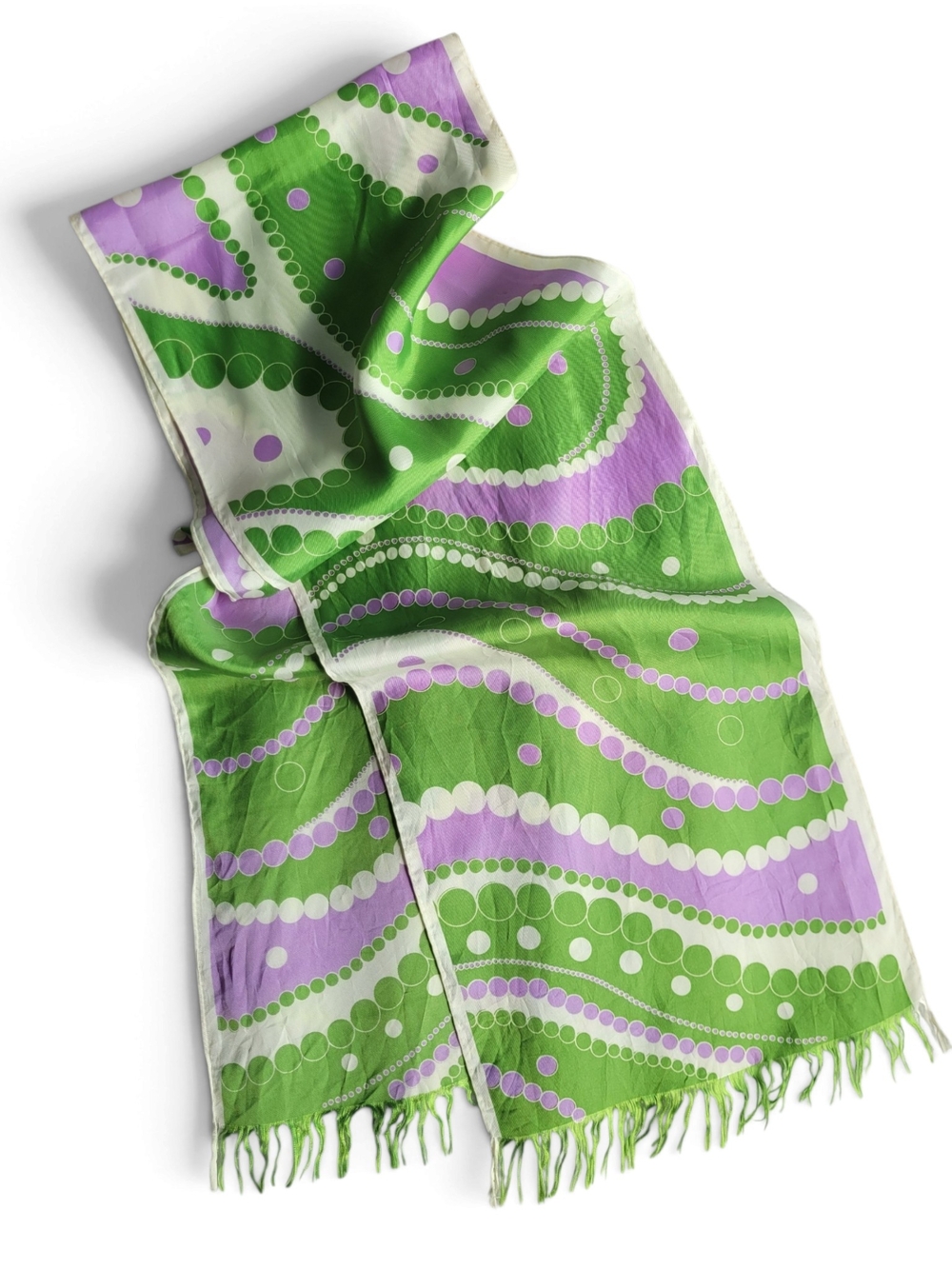 Vintage Mod 60s Op Art Green & Lavender Long Fringe Scarf
